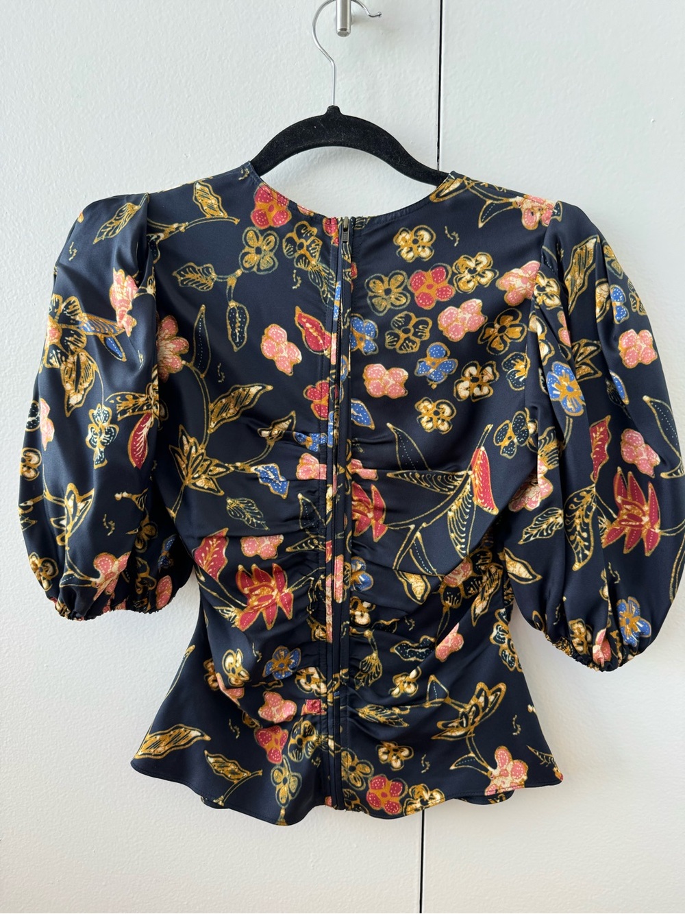 Ulla Johnson Black Floral Puff-Sleeve Peplum Top with Gold Accents